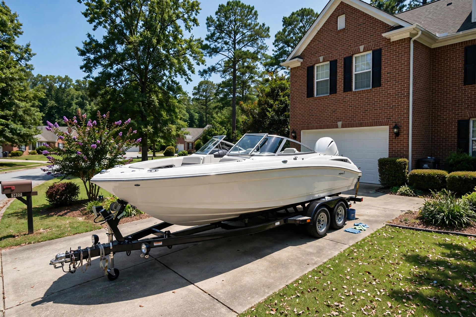 Home boat on a trailer in a Charlotte area driveway ready for detailing