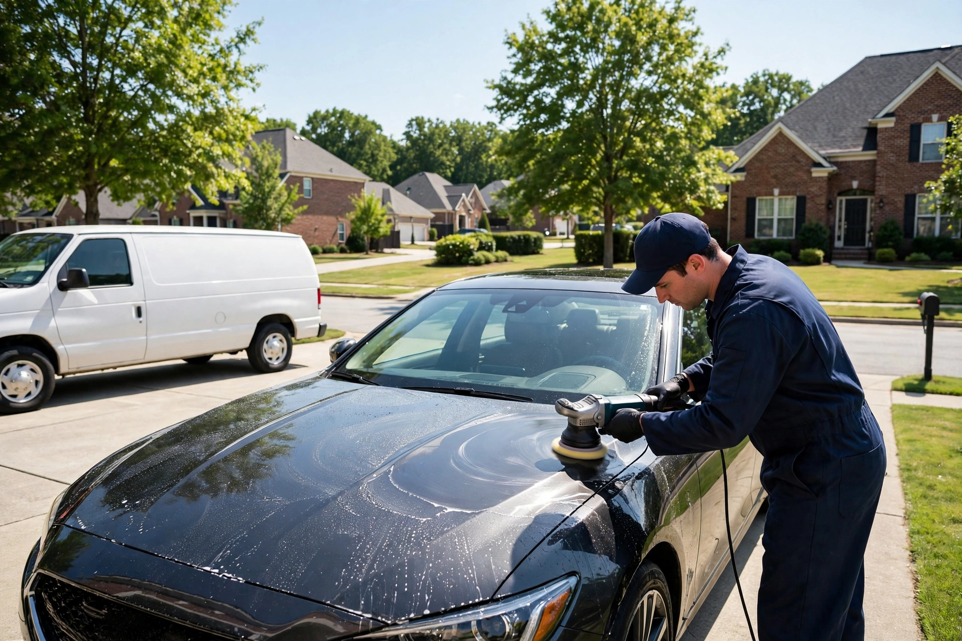 ShinePro detailing team working on a car in a Charlotte suburban driveway