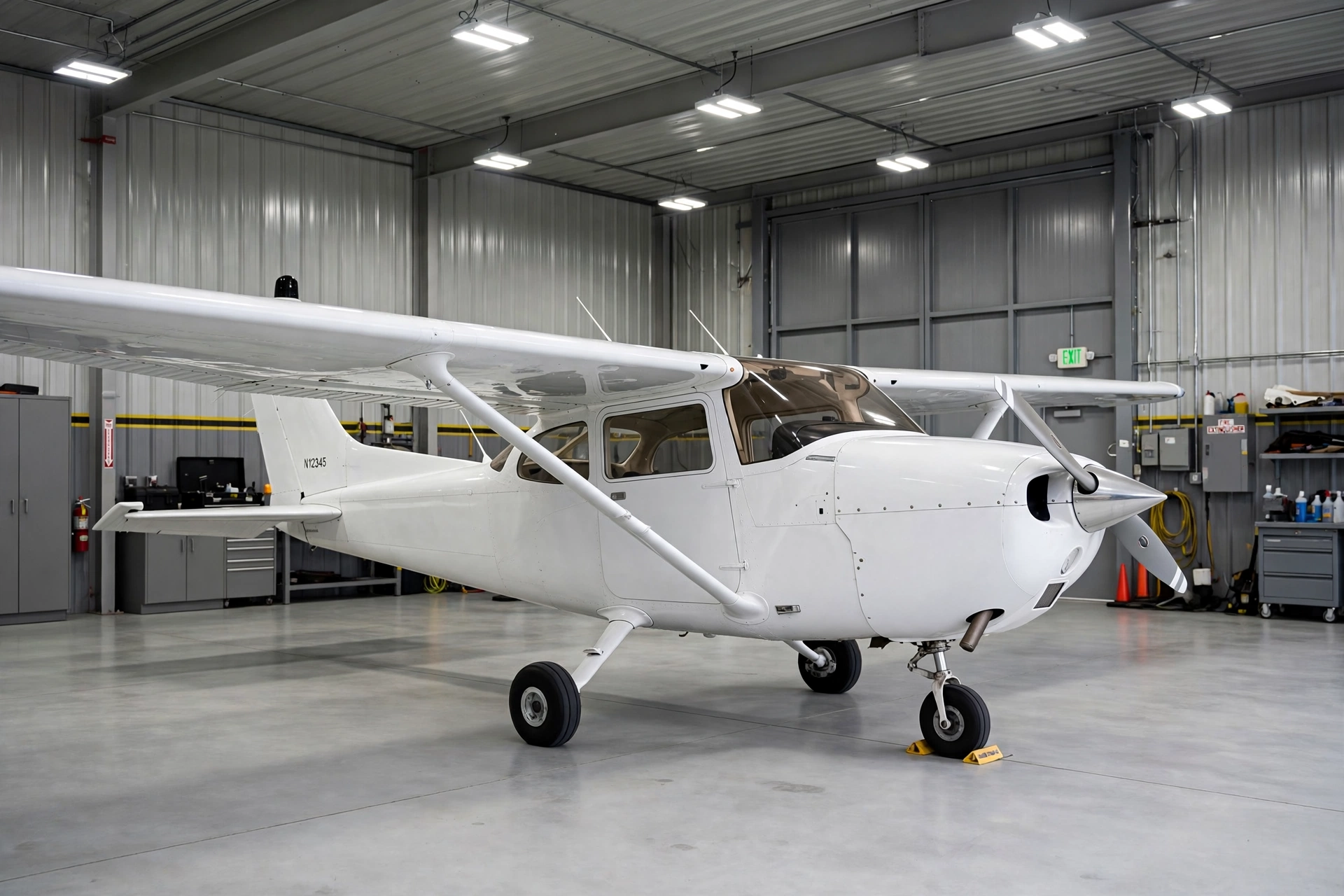 Personal propeller plane inside a hangar