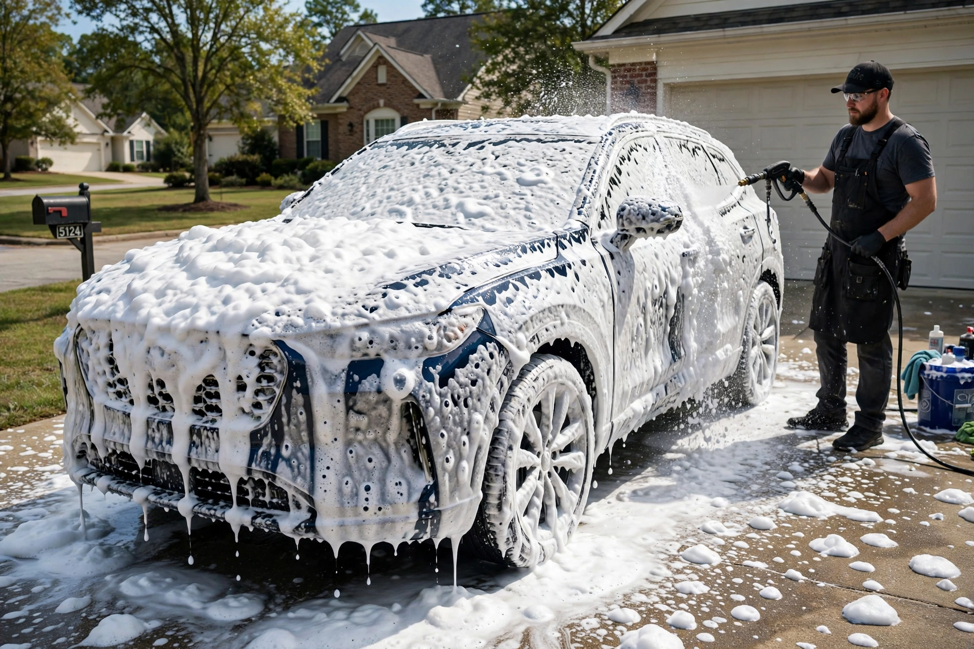 Foam cannon wash during mobile detailing in Charlotte