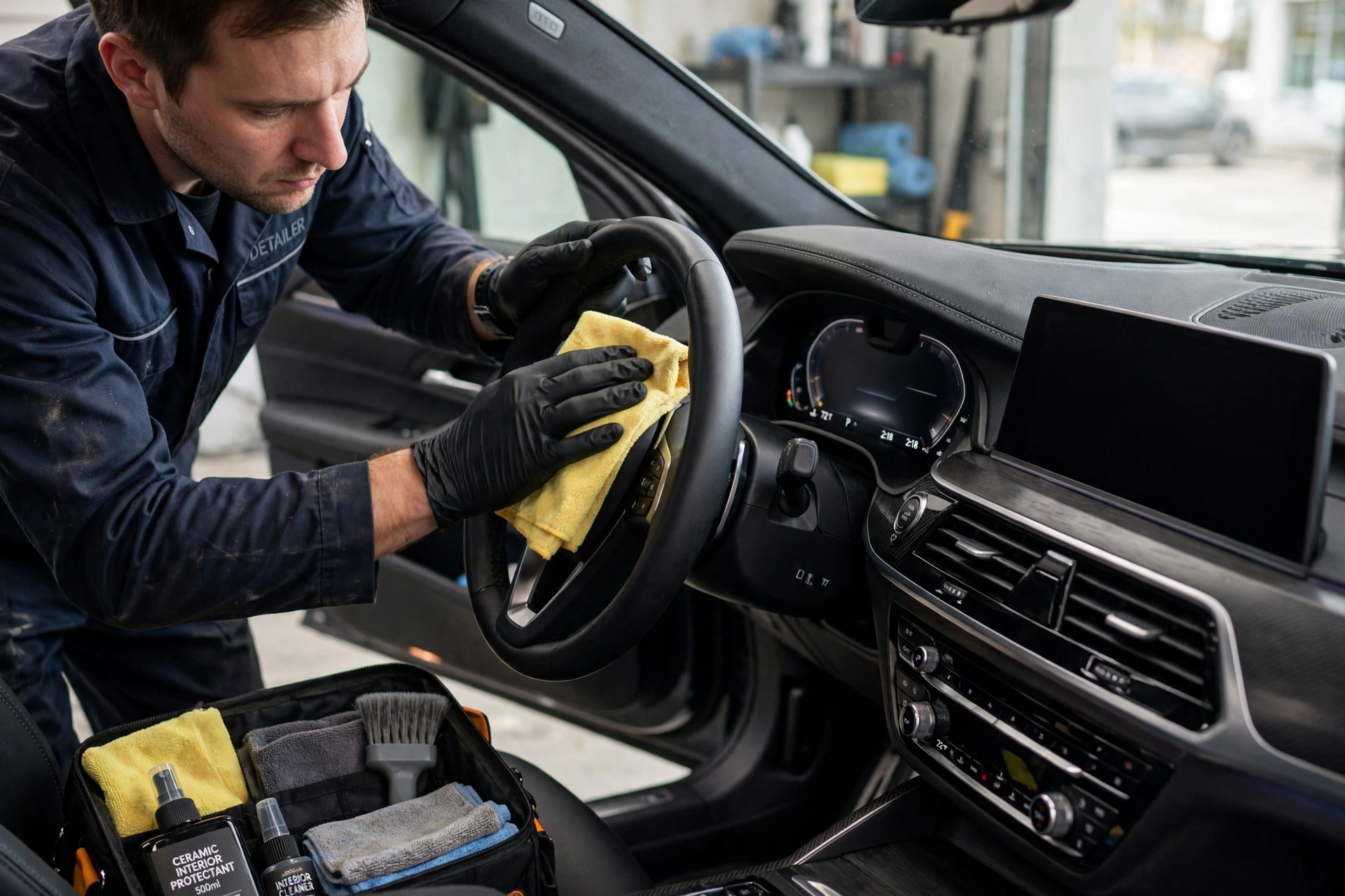 Dashboard and steering wheel cleaned during interior detail