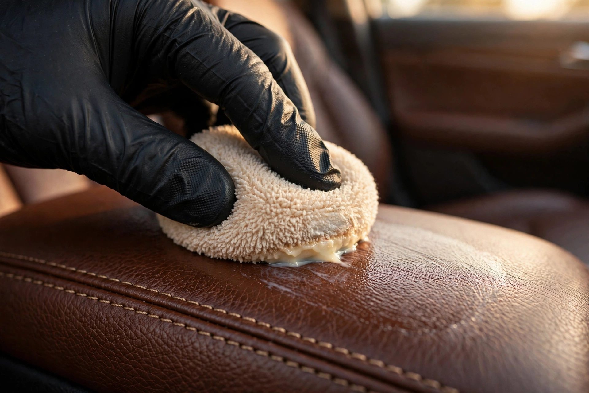 Acondicionamiento de un asiento de cuero marrón con aplicador de microfibra