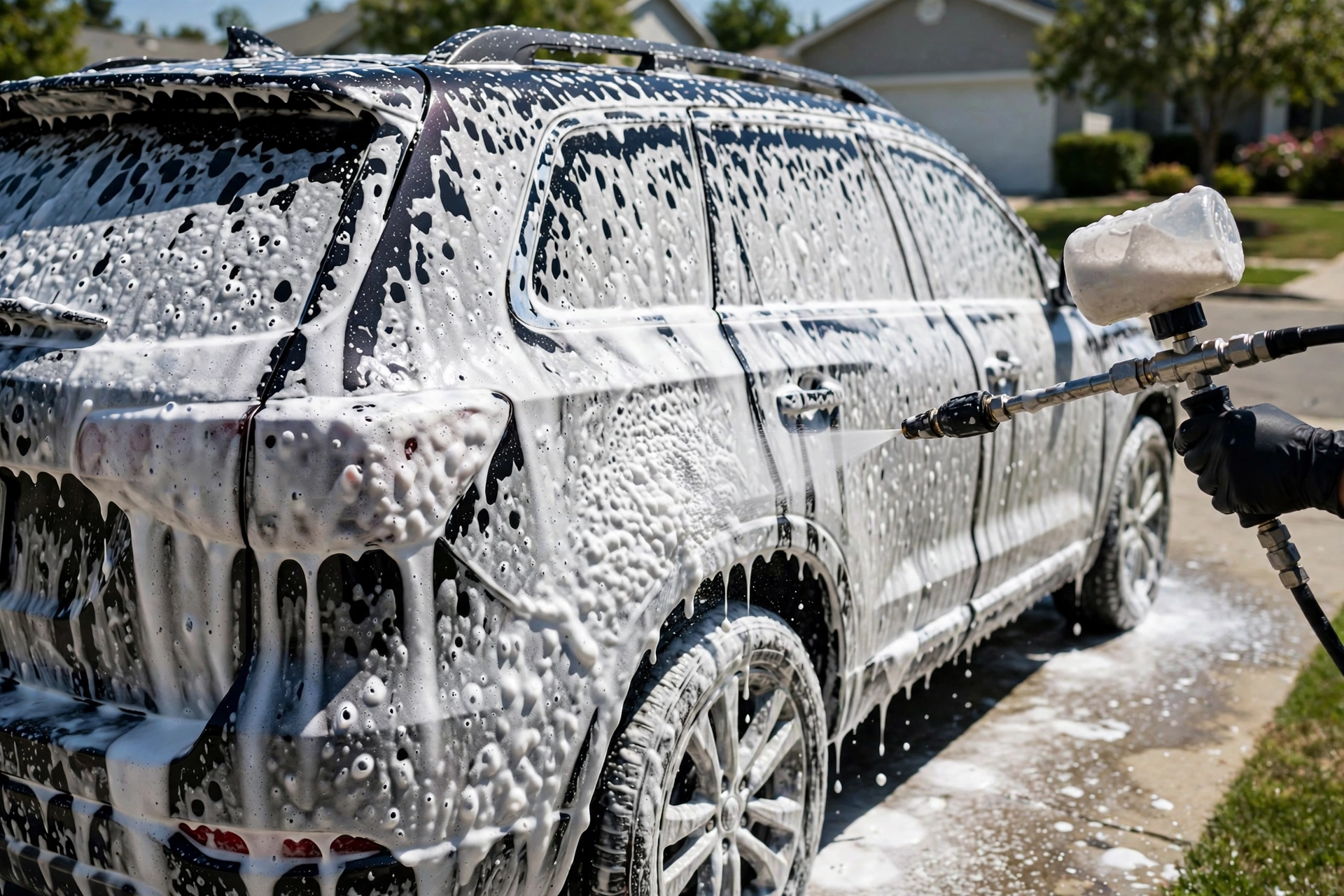 Auto cubierto de espuma activa durante el lavado con cañón de espuma