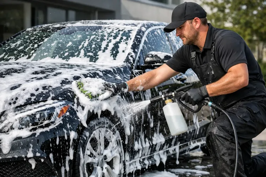 Car exterior before detailing — covered in foam wash