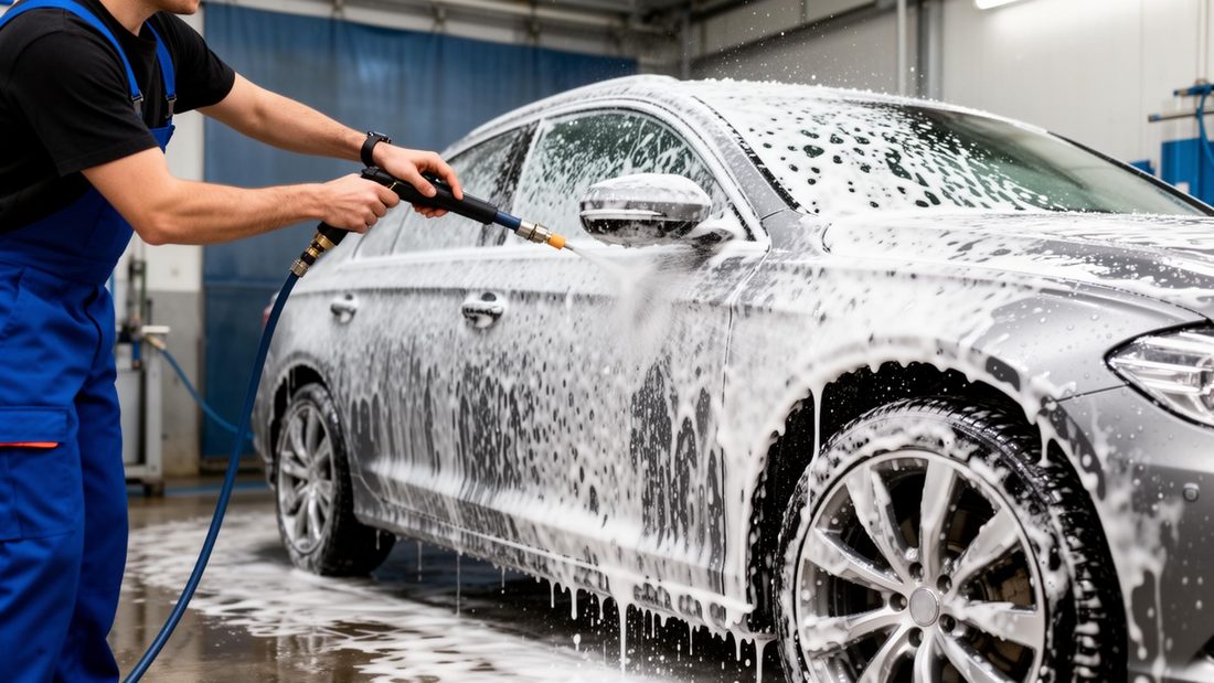 Detailing team foam-washing a car at a customer's home in Cleveland