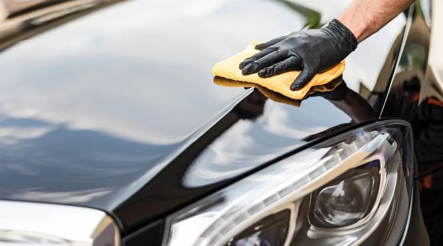 Mano con guante puliendo el cofre encerado de un auto negro hasta dejarlo como espejo