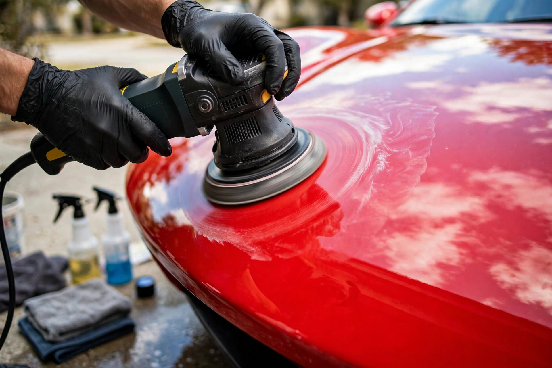 Manos con guantes negros puliendo a máquina el cofre rojo brillante de un auto deportivo