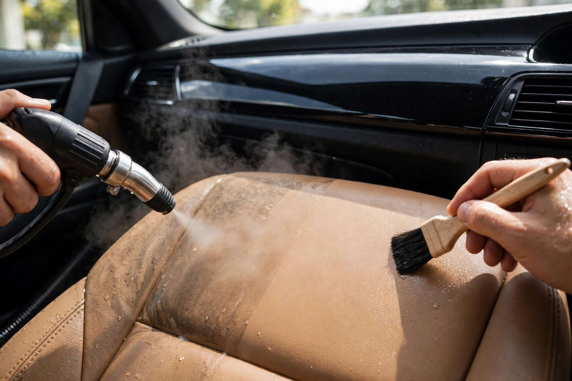 Técnico limpiando con vapor y cepillo un asiento de cuero color canela durante un detallado interior