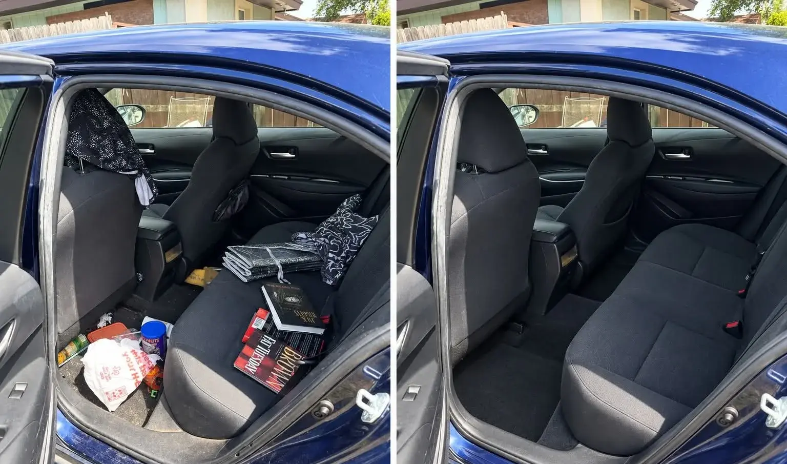 Foto real lado a lado de un sedán azul: a la izquierda el asiento trasero lleno de libros, bolsas y desorden antes del detallado; a la derecha el mismo asiento limpio, aspirado y ordenado después