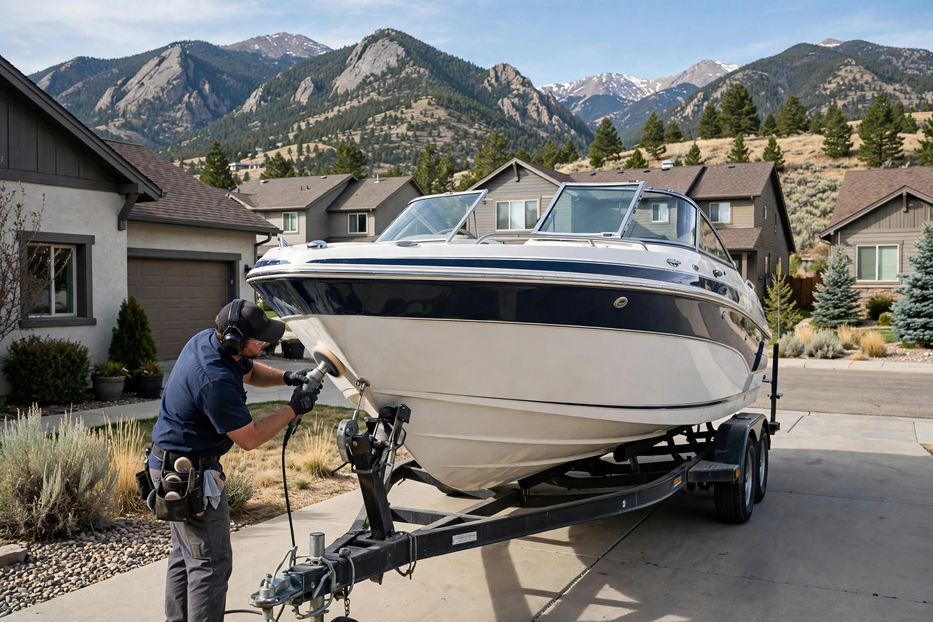 Boat on a trailer being detailed in a Colorado home driveway