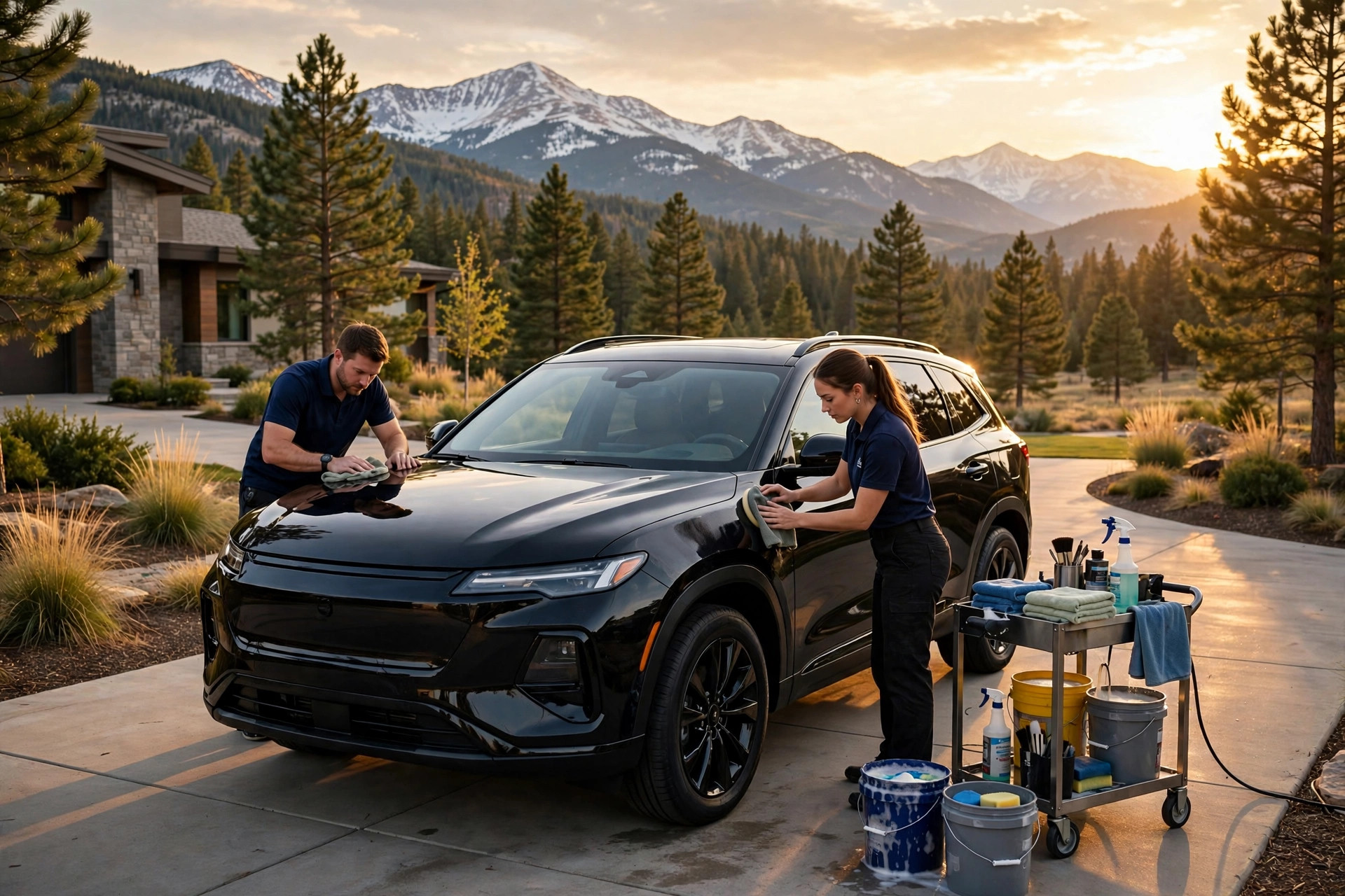 ShinePro detailing team polishing an SUV in a Denver driveway with the Rocky Mountains behind them