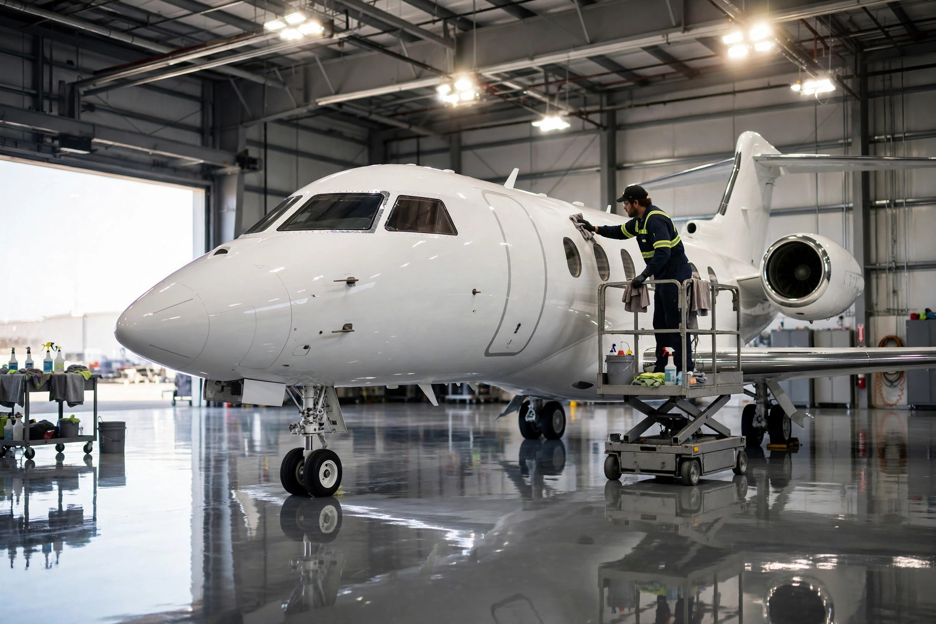 Private jet being detailed inside a bright hangar