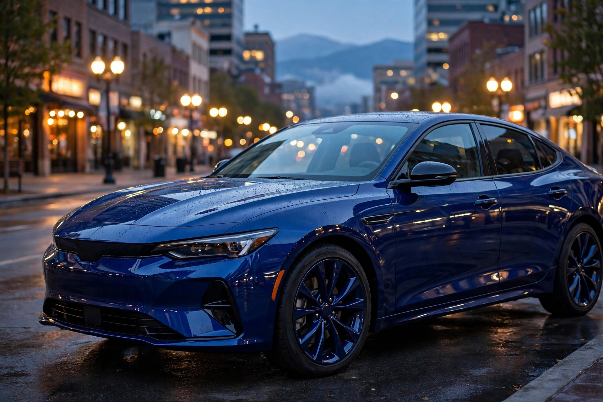 Glossy blue sedan at dusk in downtown Denver