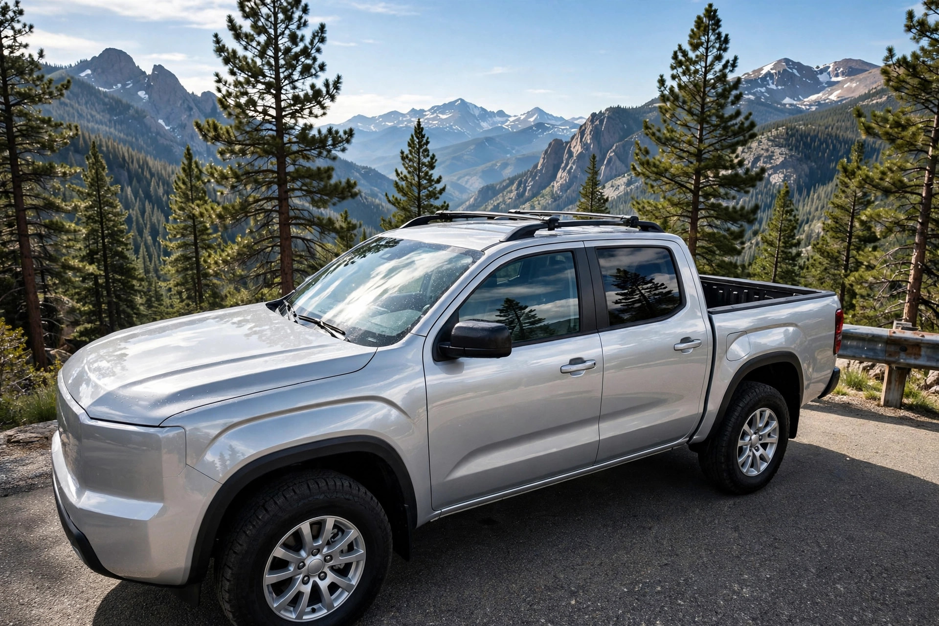 Silver pickup truck shining on a Colorado mountain road