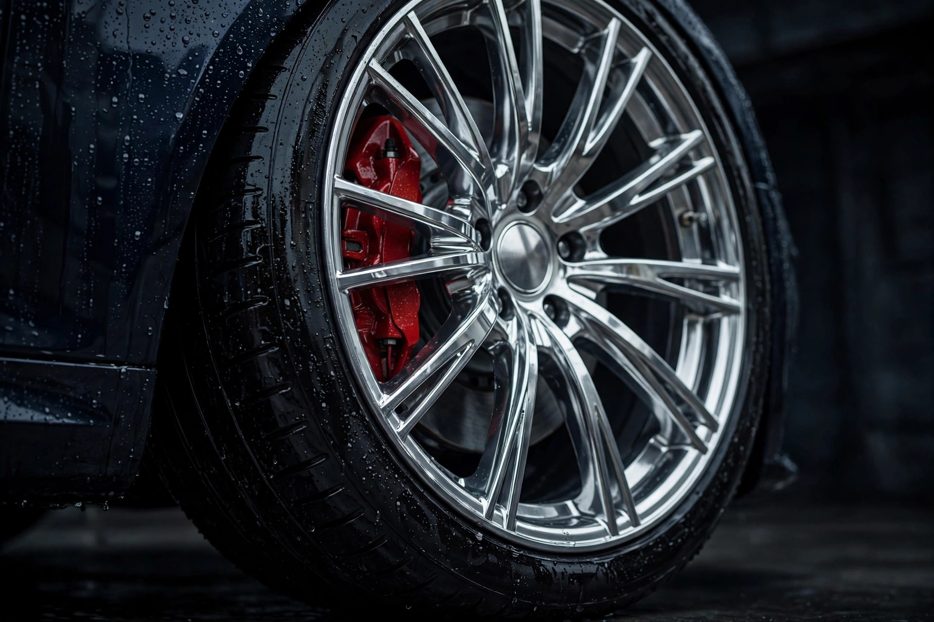 Polished alloy wheel and dressed tire close-up