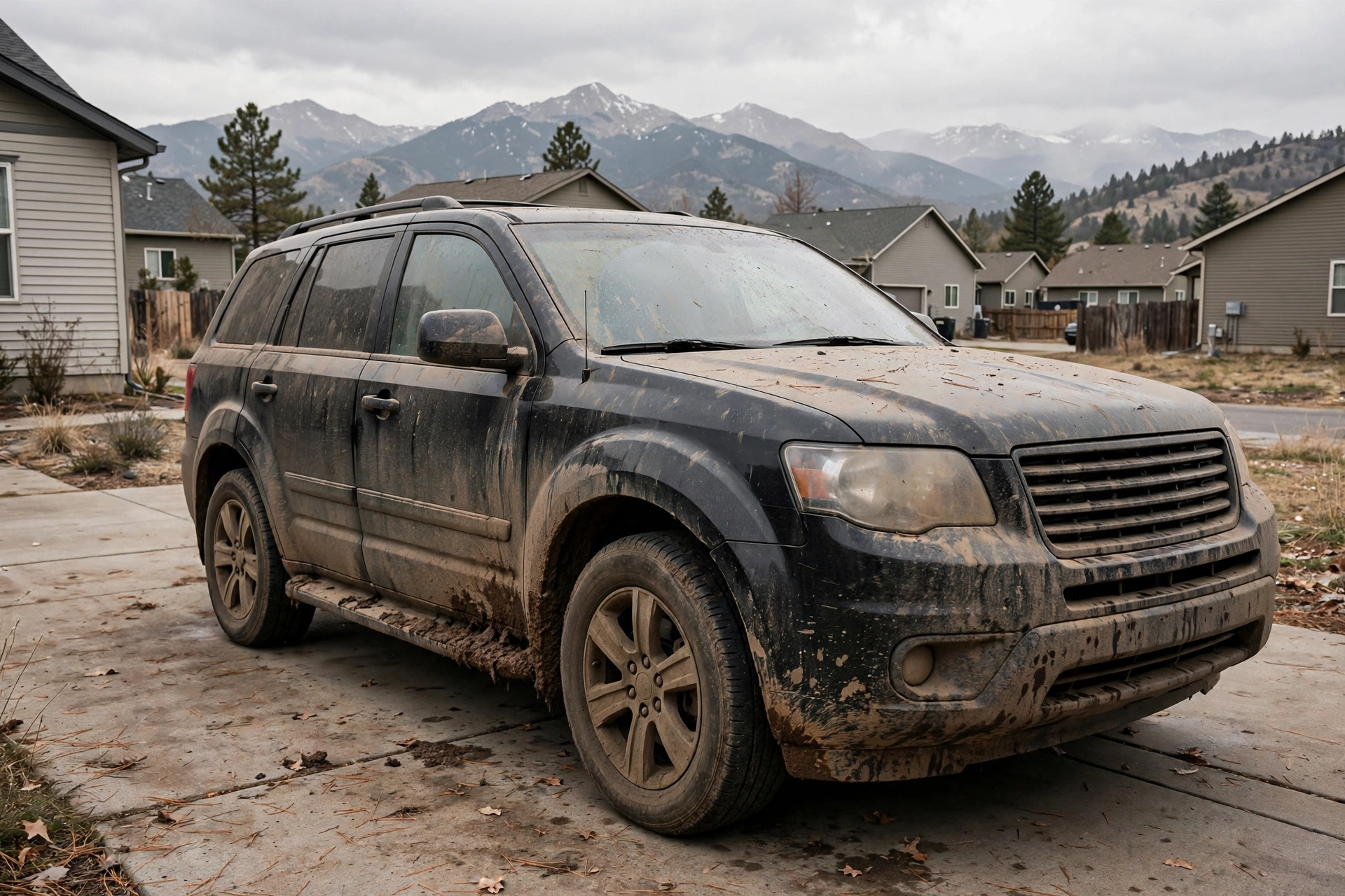 SUV negra cubierta de polvo de montaña y lodo antes del detallado, en una entrada de Denver