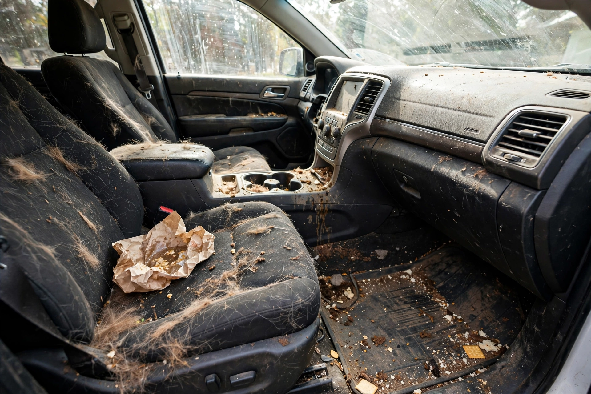 Interior sucio con pelo de mascota, migajas y manchas antes del detallado
