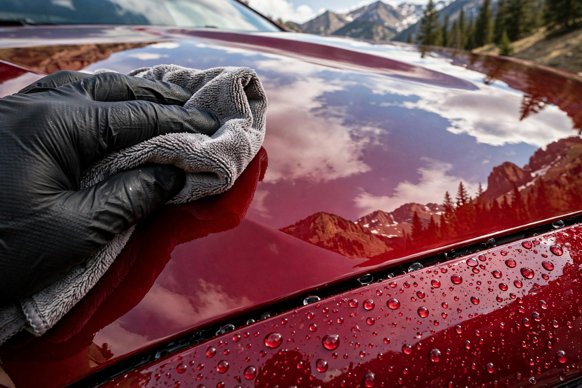 Mano con guante puliendo el cofre rojo de un auto hasta dejarlo como espejo, con gotas de agua al lado