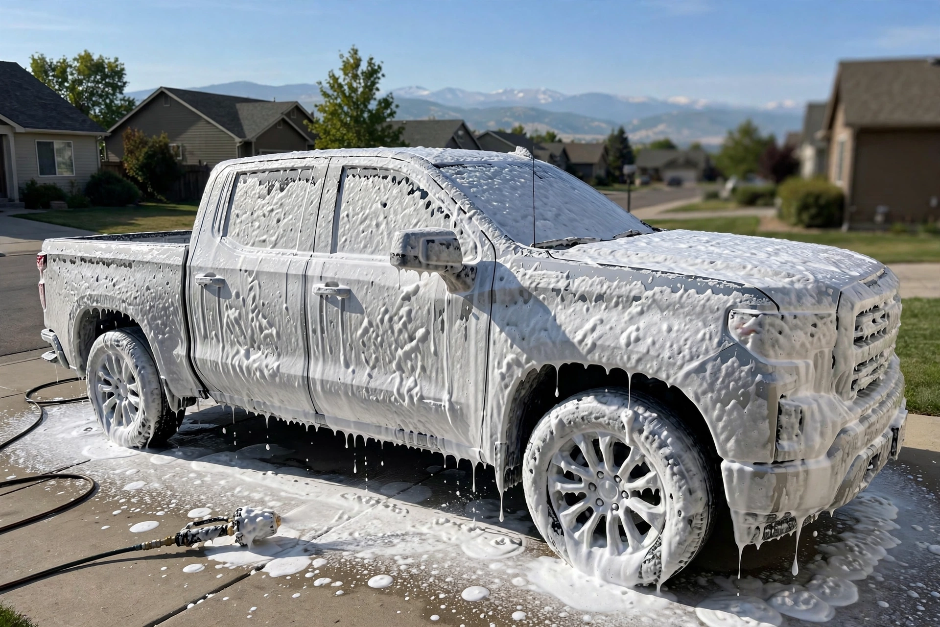 Camioneta plateada cubierta de espuma activa durante un lavado con cañón de espuma en una entrada de Denver