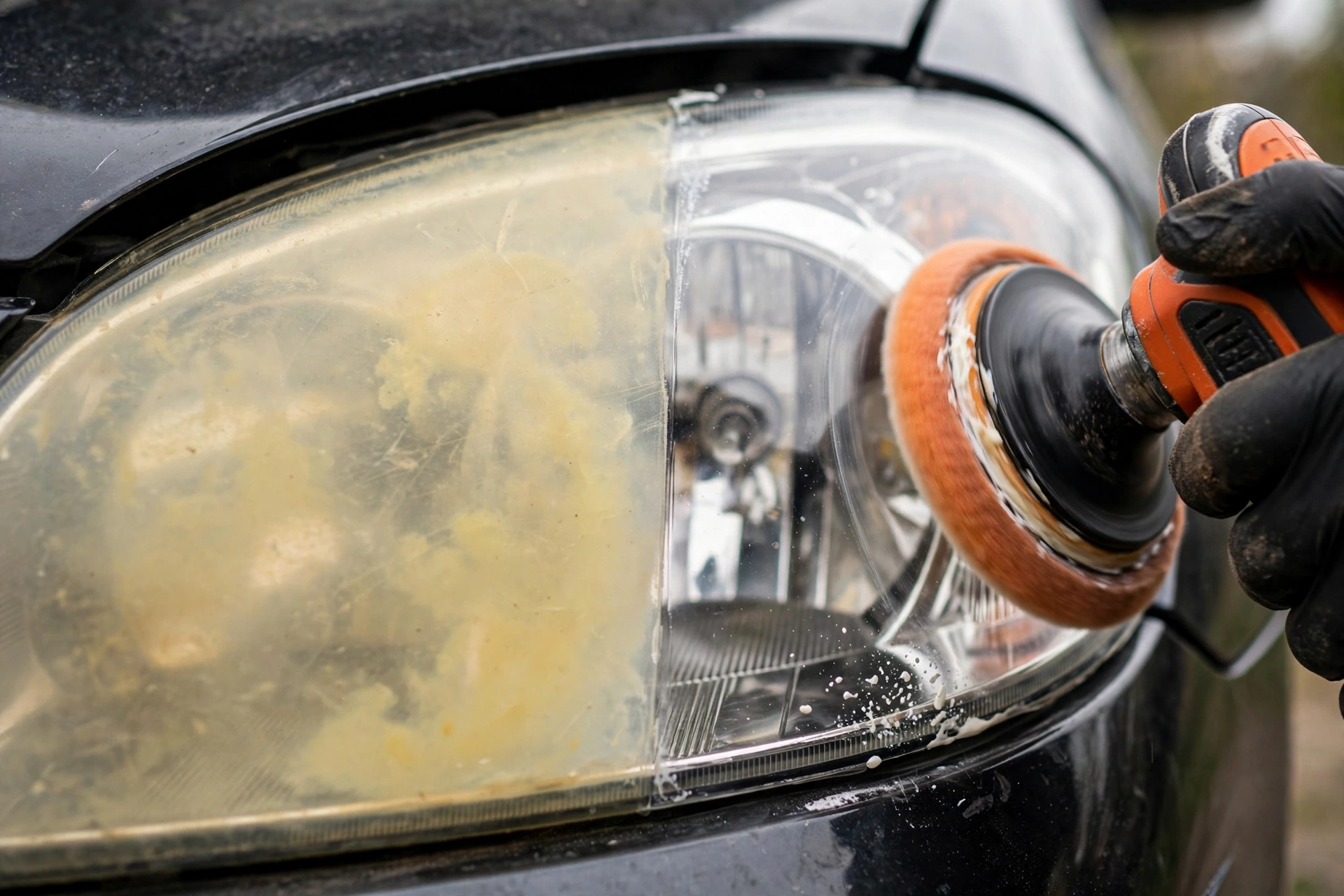 Faro de auto puliéndose a máquina: una mitad cristalina y la otra todavía amarilla y opaca