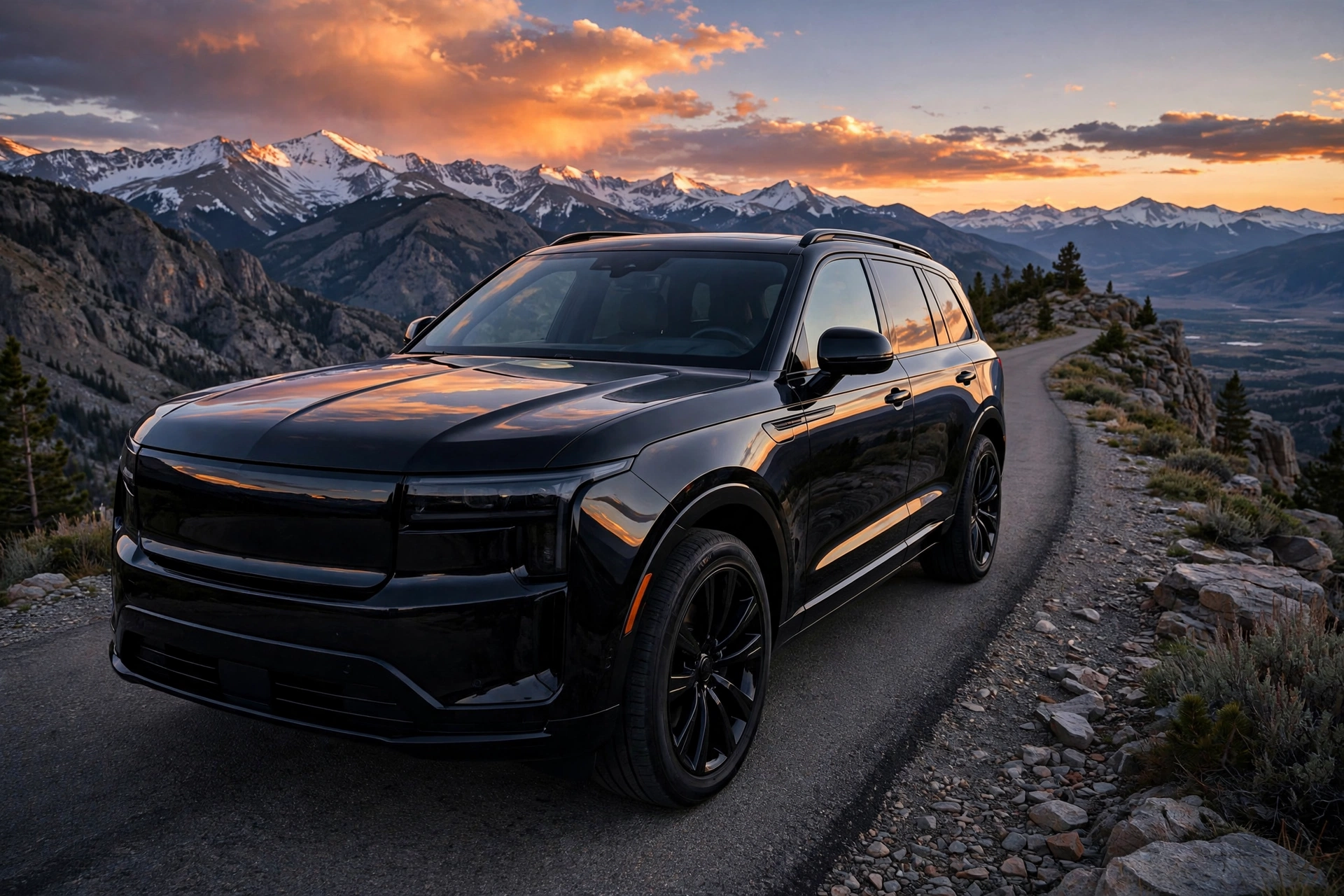 SUV negra reluciente al atardecer en un mirador de Colorado, con las Montañas Rocosas nevadas detrás