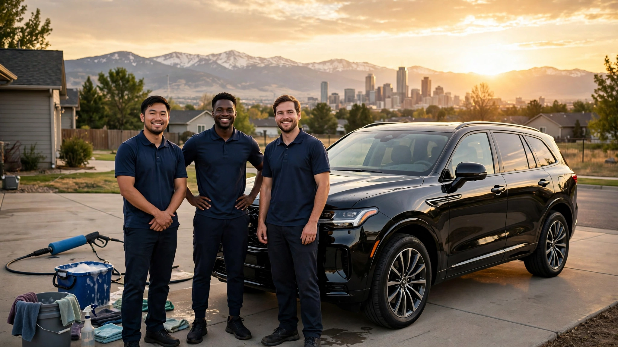 Equipo de técnicos junto a una SUV negra recién detallada, con el centro de Denver y las montañas nevadas de Colorado al fondo