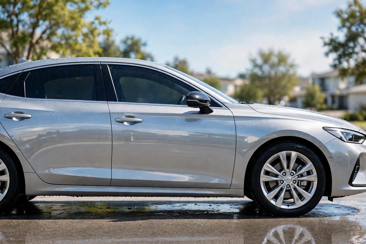 Freshly detailed silver sedan gleaming in a driveway