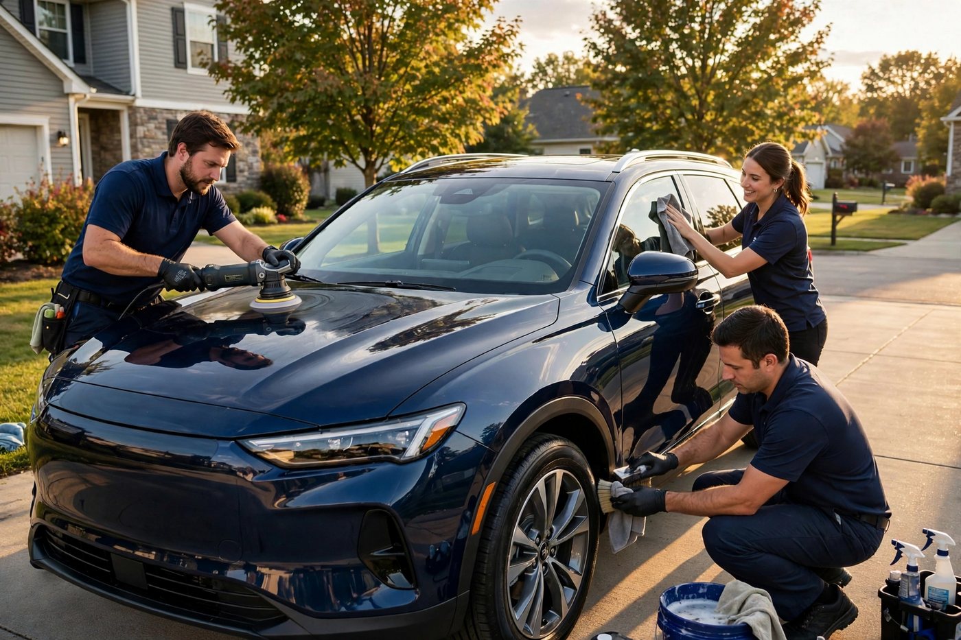 ShinePro mobile detailing team polishing an SUV in a Grand Rapids driveway