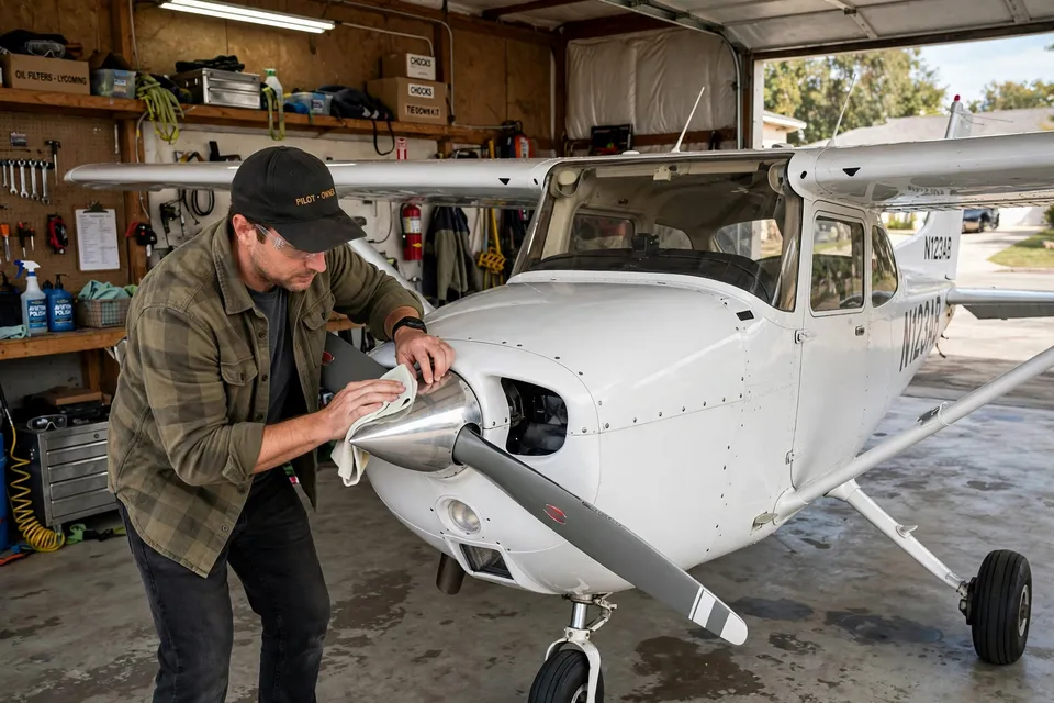 Puliendo un avión personal pequeño de hélice dentro de un hangar