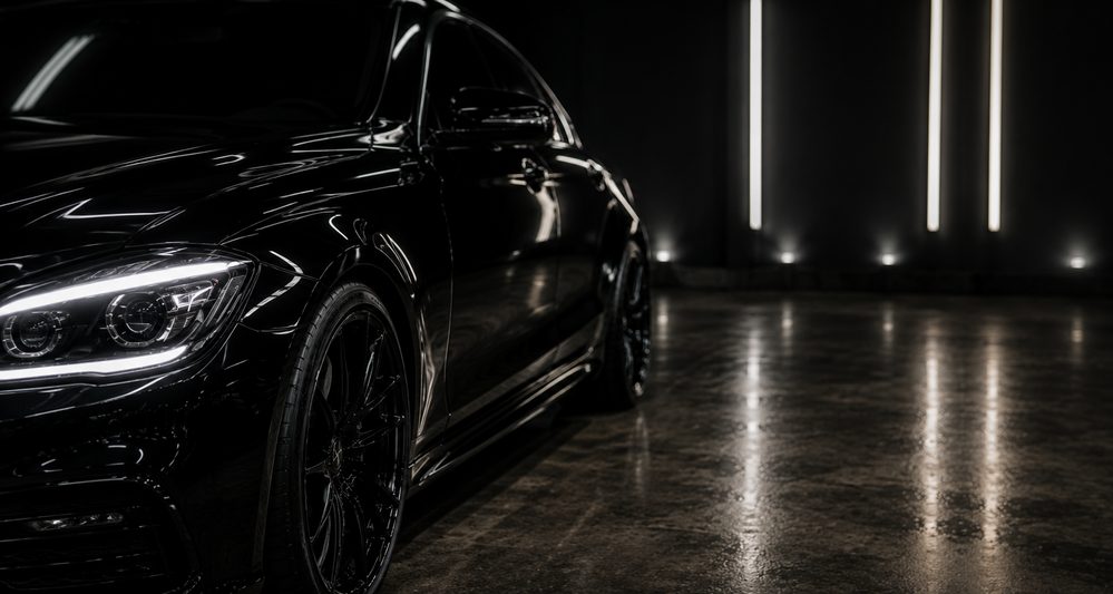 Glossy black car with a showroom shine after a full detail