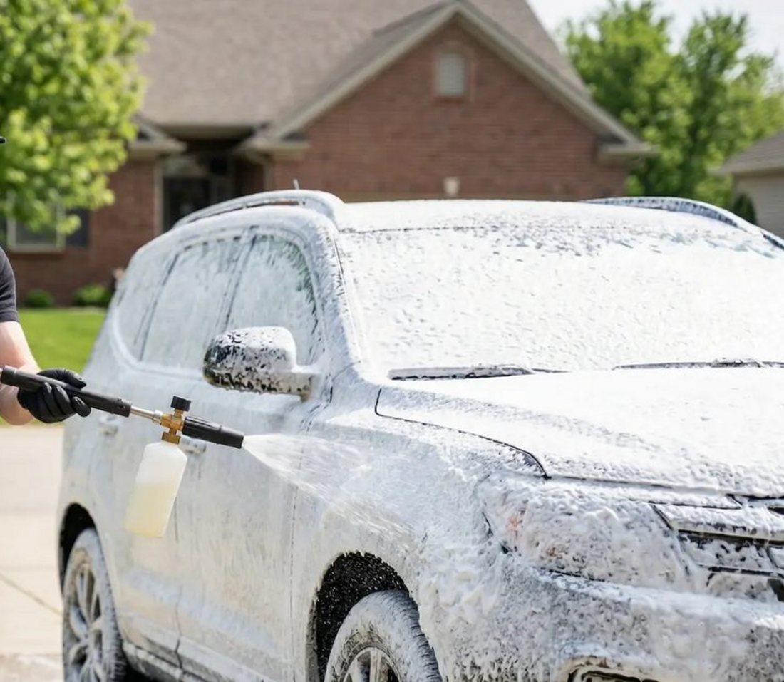 ShinePro mobile detailing technician foam-washing an SUV in an Indianapolis driveway