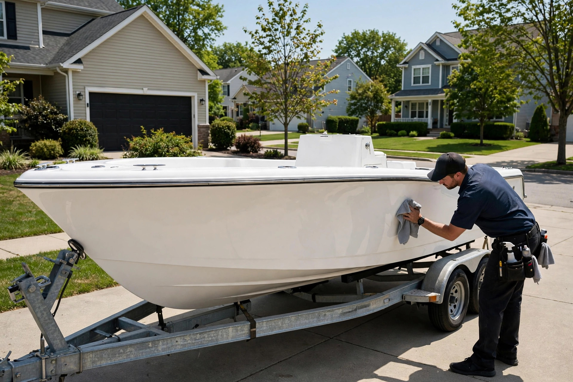 Boat on a trailer at a Kansas City home being detailed