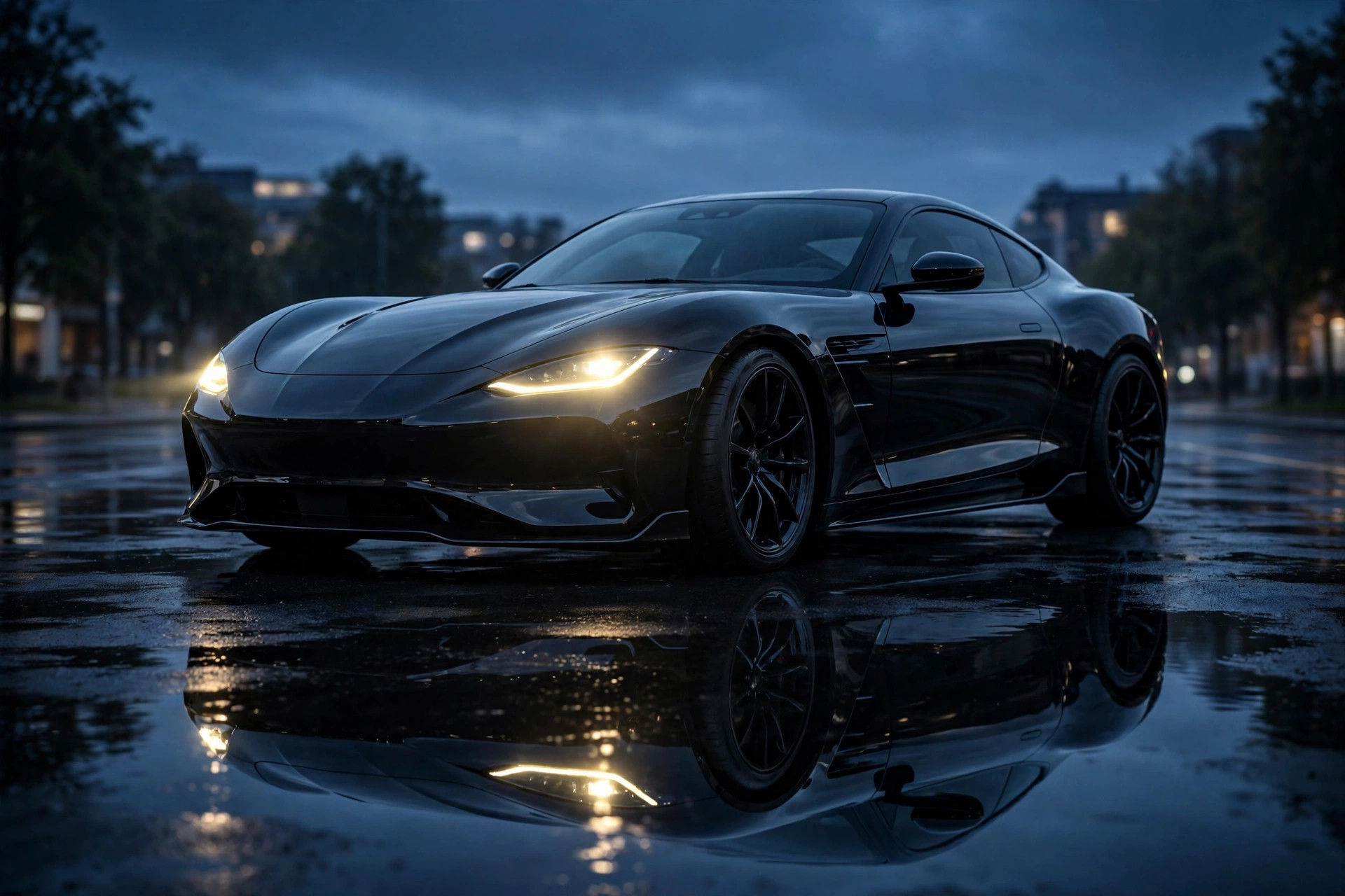 Glossy black sports coupe with mirror reflections at dusk
