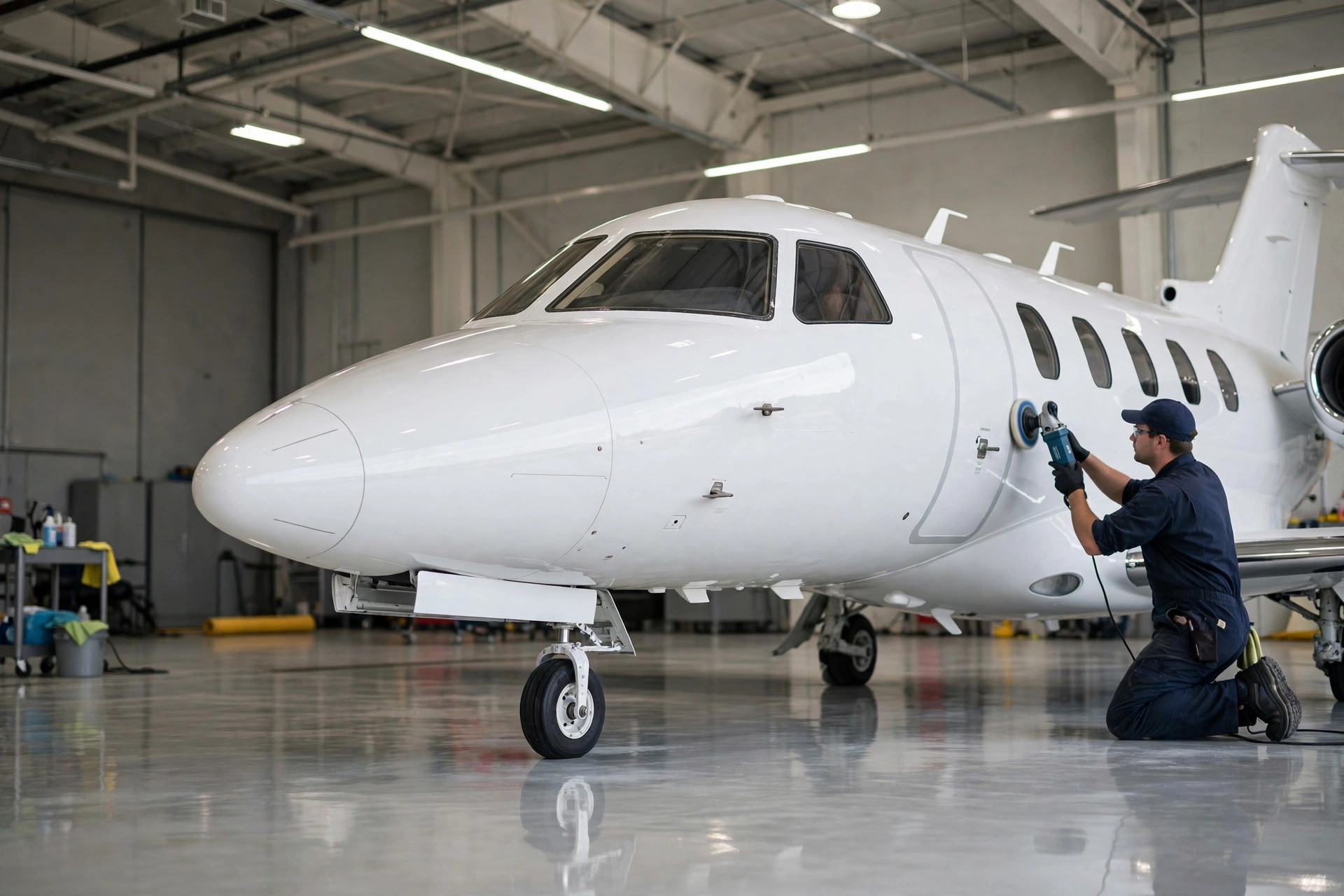 Private jet inside a hangar being detailed