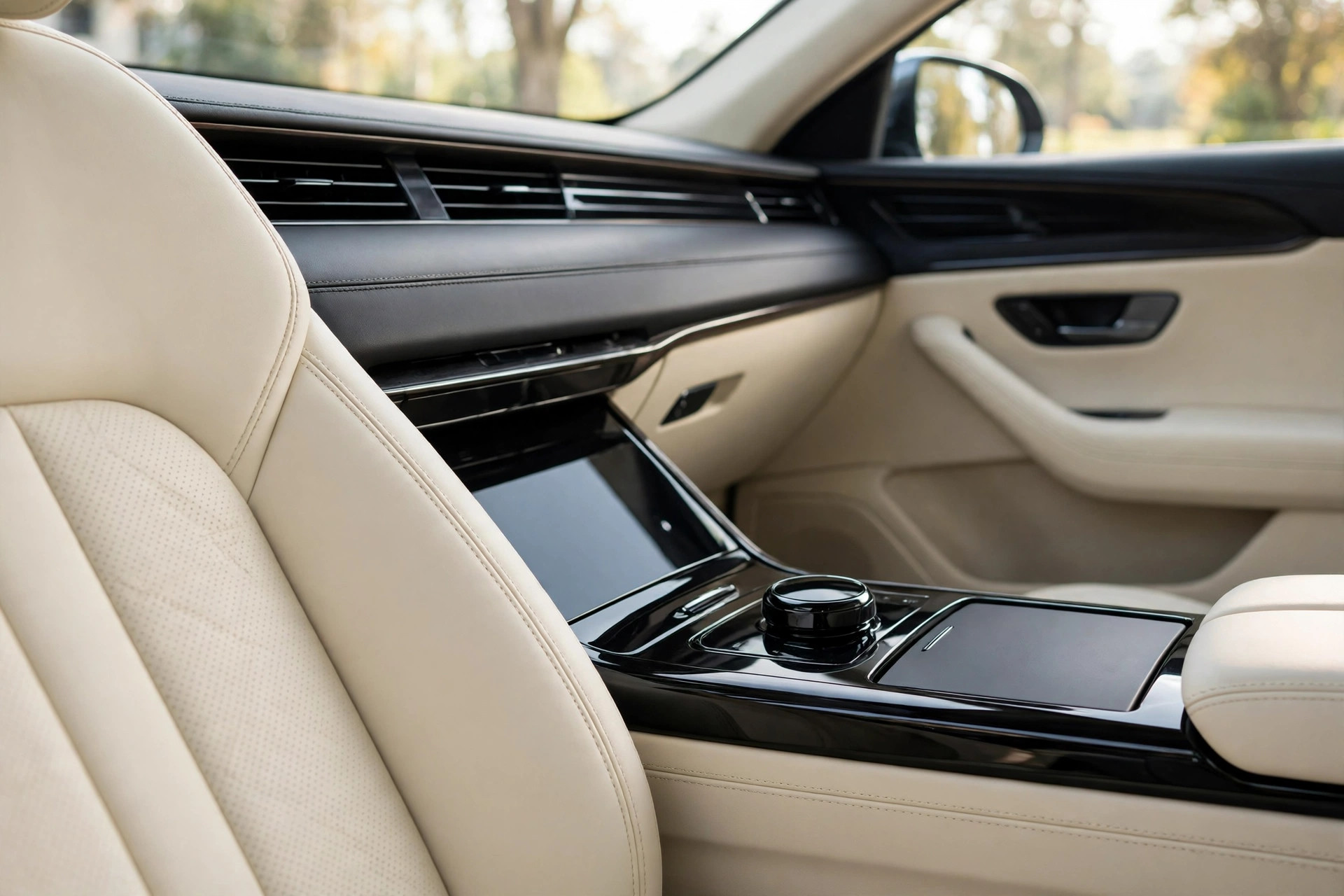 Spotless cream leather car interior after detailing — illustrative example