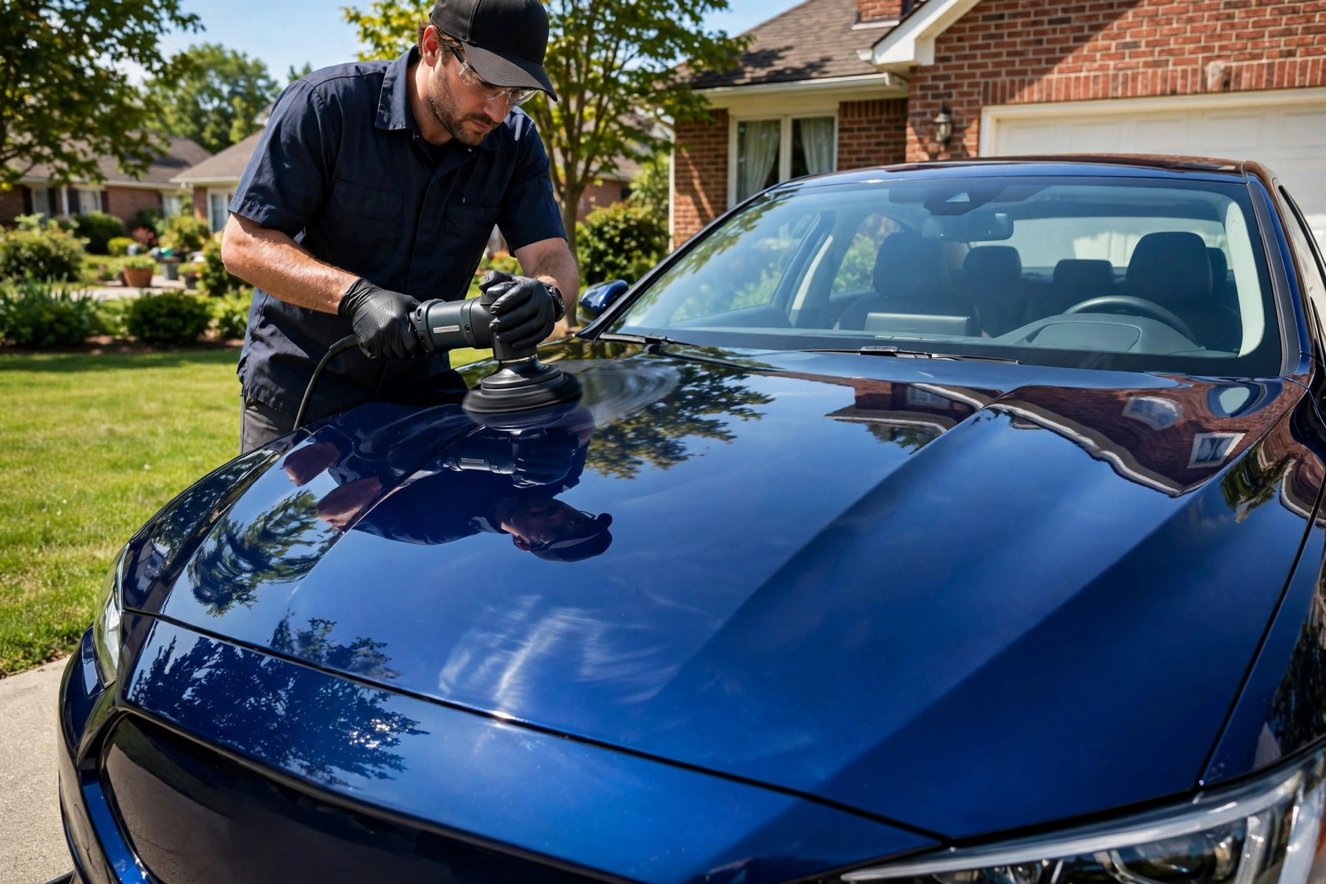Technician machine-polishing a blue sedan to a mirror finish — illustrative example