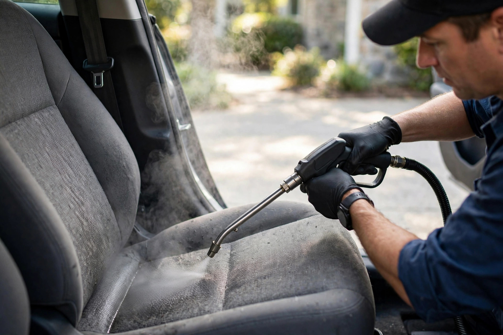 Steam cleaning a car seat during an interior detail — illustrative example
