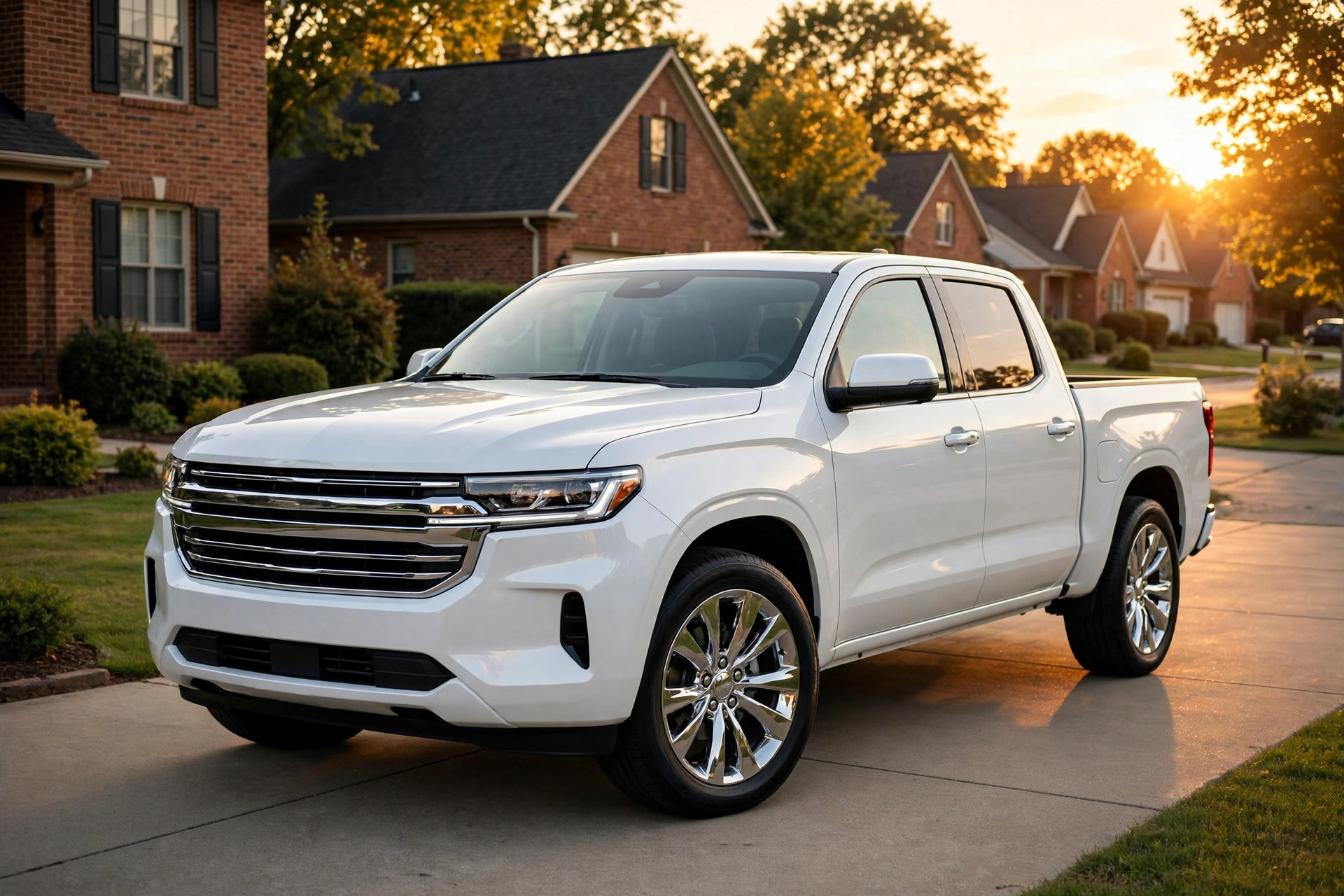 Gleaming white pickup truck after detailing at sunset — illustrative example