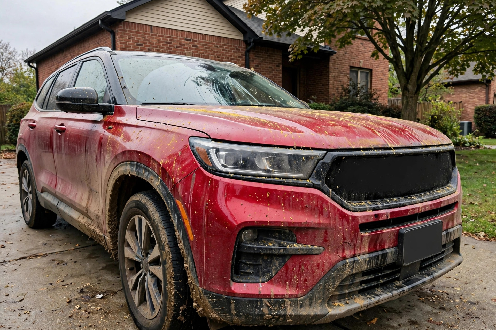 The same red SUV before detailing, covered in grime and pollen — illustrative example