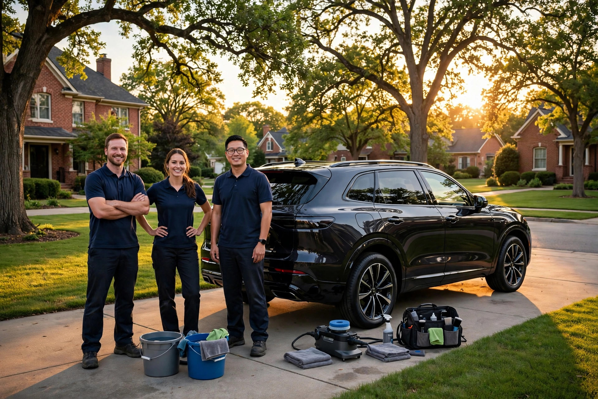 ShinePro Kansas City detailing team beside a freshly detailed SUV in a suburban Kansas City driveway