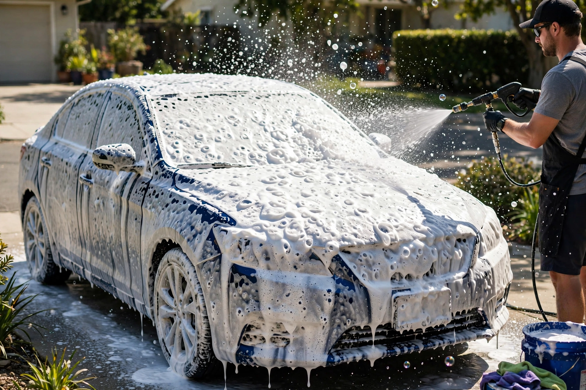 Auto azul cubierto de espuma durante el lavado a mano