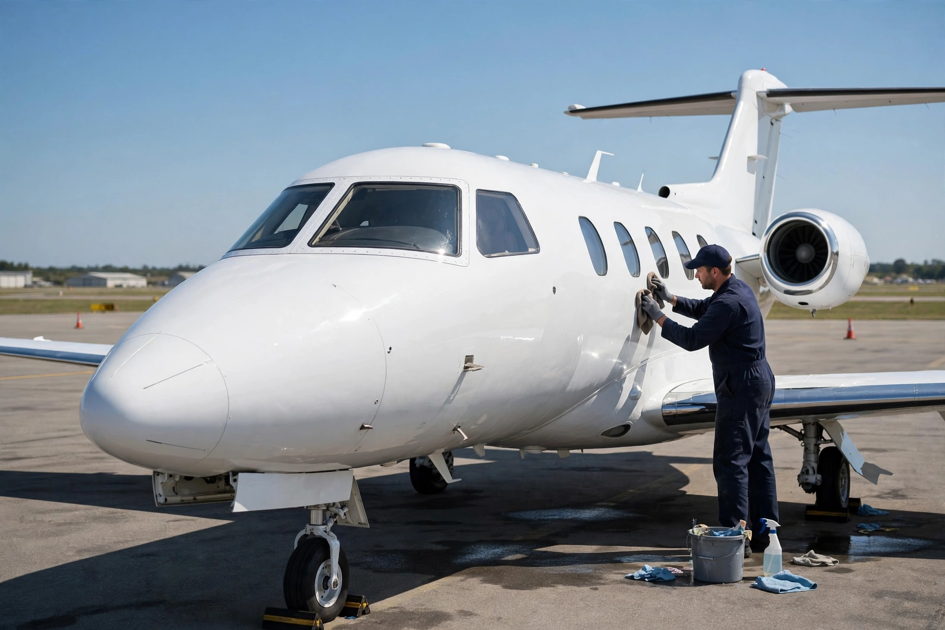 Avión privado pequeño recibiendo detallado en la pista