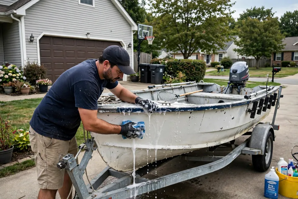 A family's small fishing boat on a trailer being hand-washed with soapy water in a home driveway