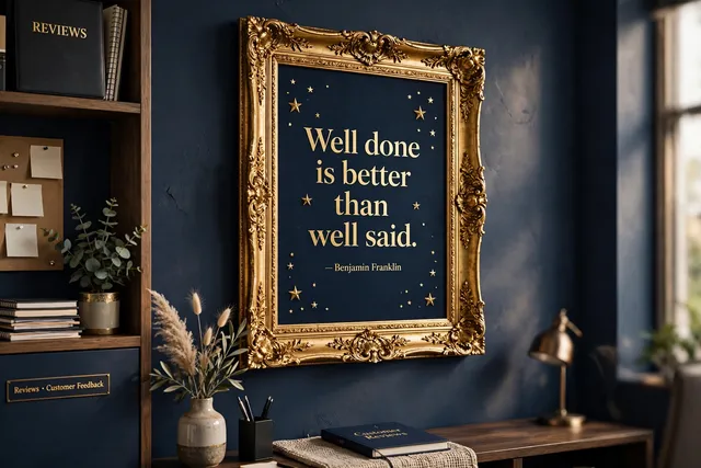 Framed poster in an ornate gold frame hanging on a navy wall: “Well done is better than well said.” — Benjamin Franklin
