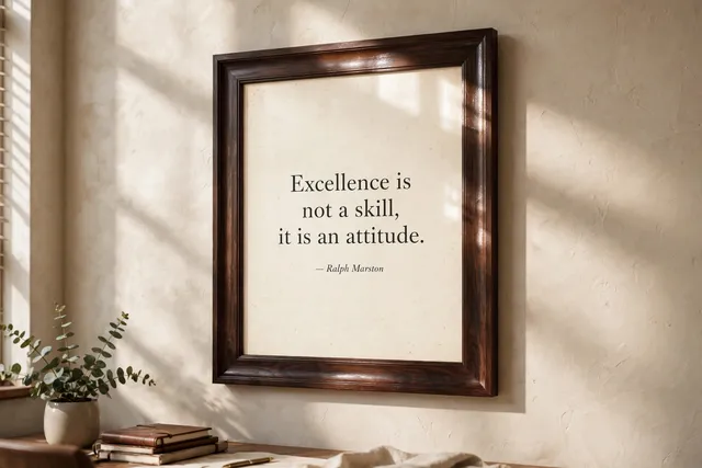 Framed poster in a dark wooden frame hanging on a cream wall: “Excellence is not a skill, it is an attitude.” — Ralph Marston