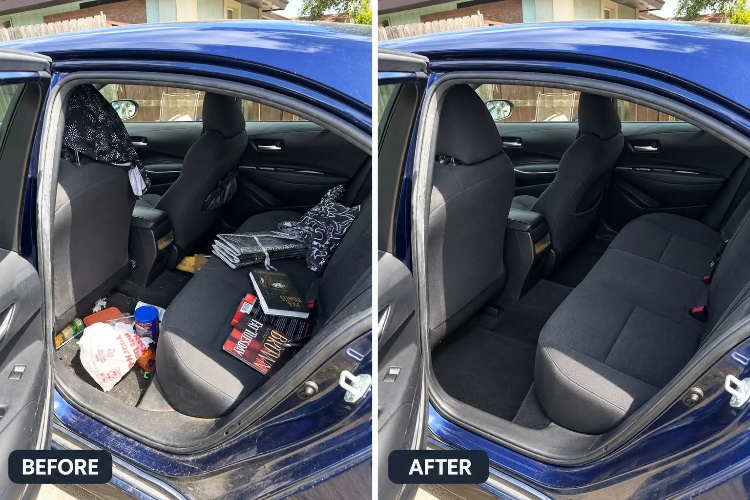 Foto real lado a lado de un sedán azul: a la izquierda el asiento trasero lleno de libros, bolsas y desorden antes del detallado; a la derecha el mismo asiento limpio, aspirado y ordenado después