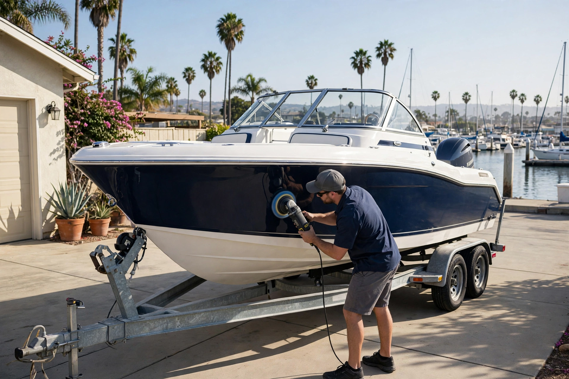 Motor boat on a trailer being polished during a boat detail near Long Beach