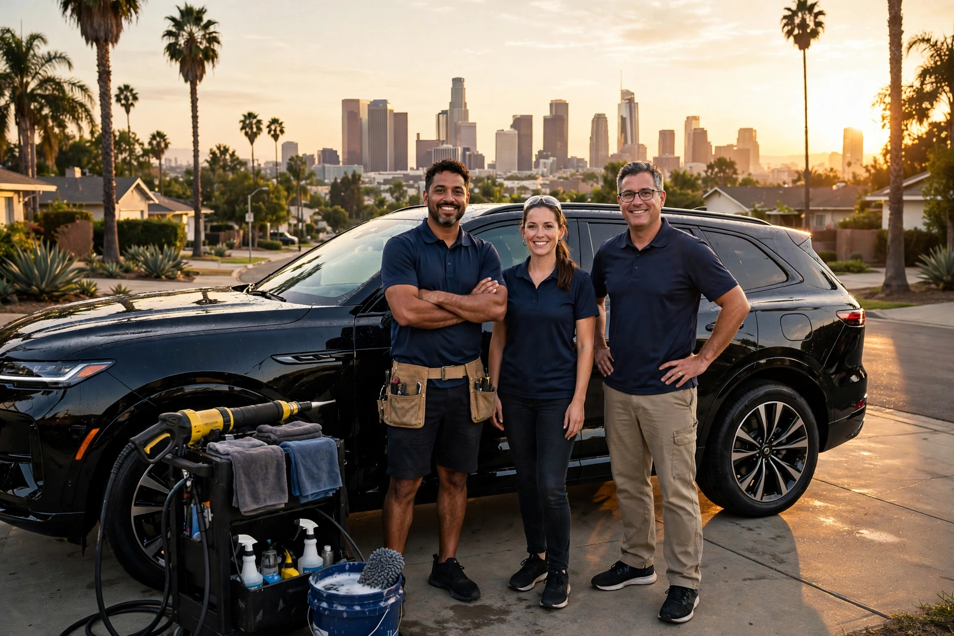 ShinePro detailing team beside a gleaming SUV with the Los Angeles skyline and palm trees behind them