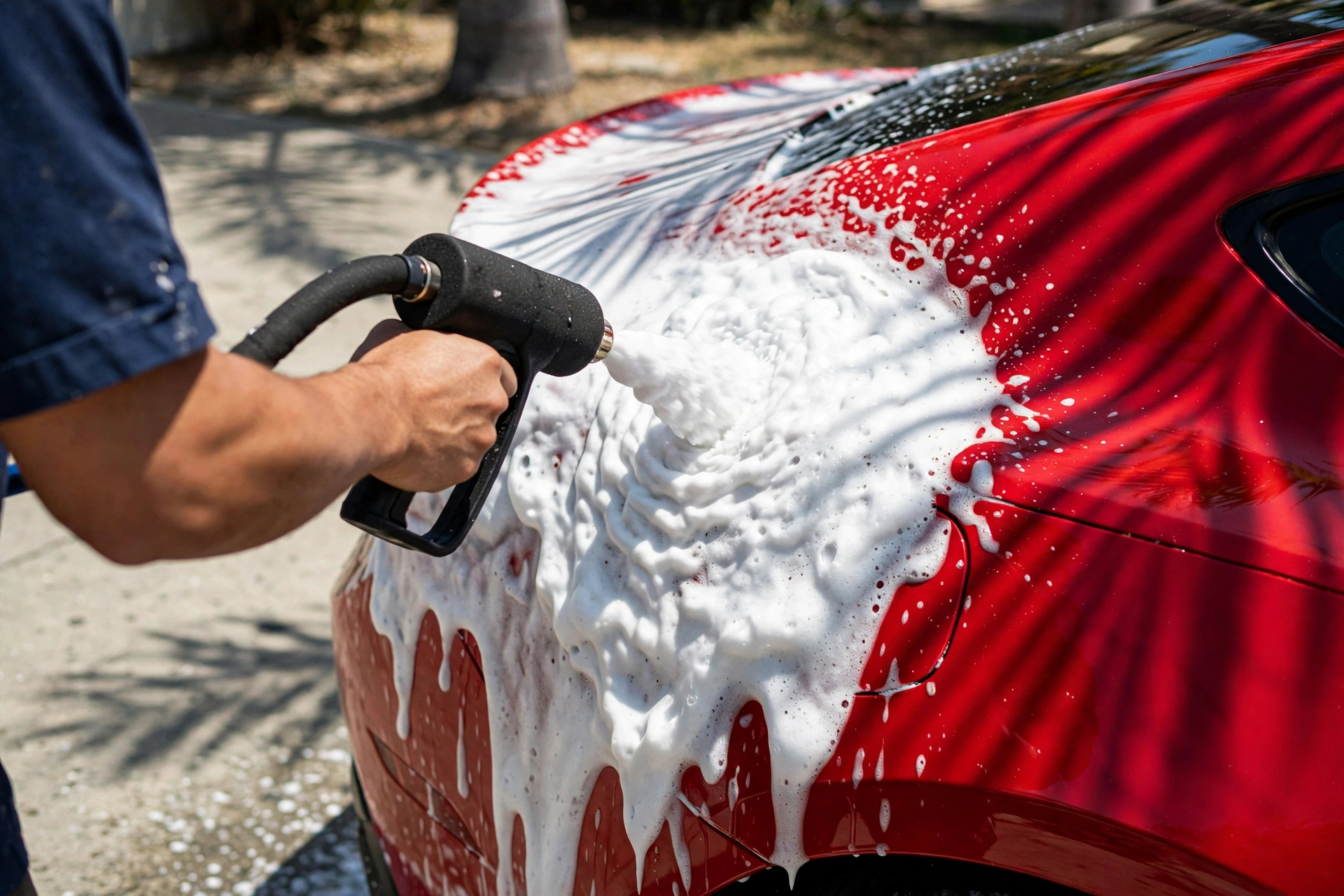 Detailer covering a red coupe in thick snow foam during a mobile detail in Los Angeles