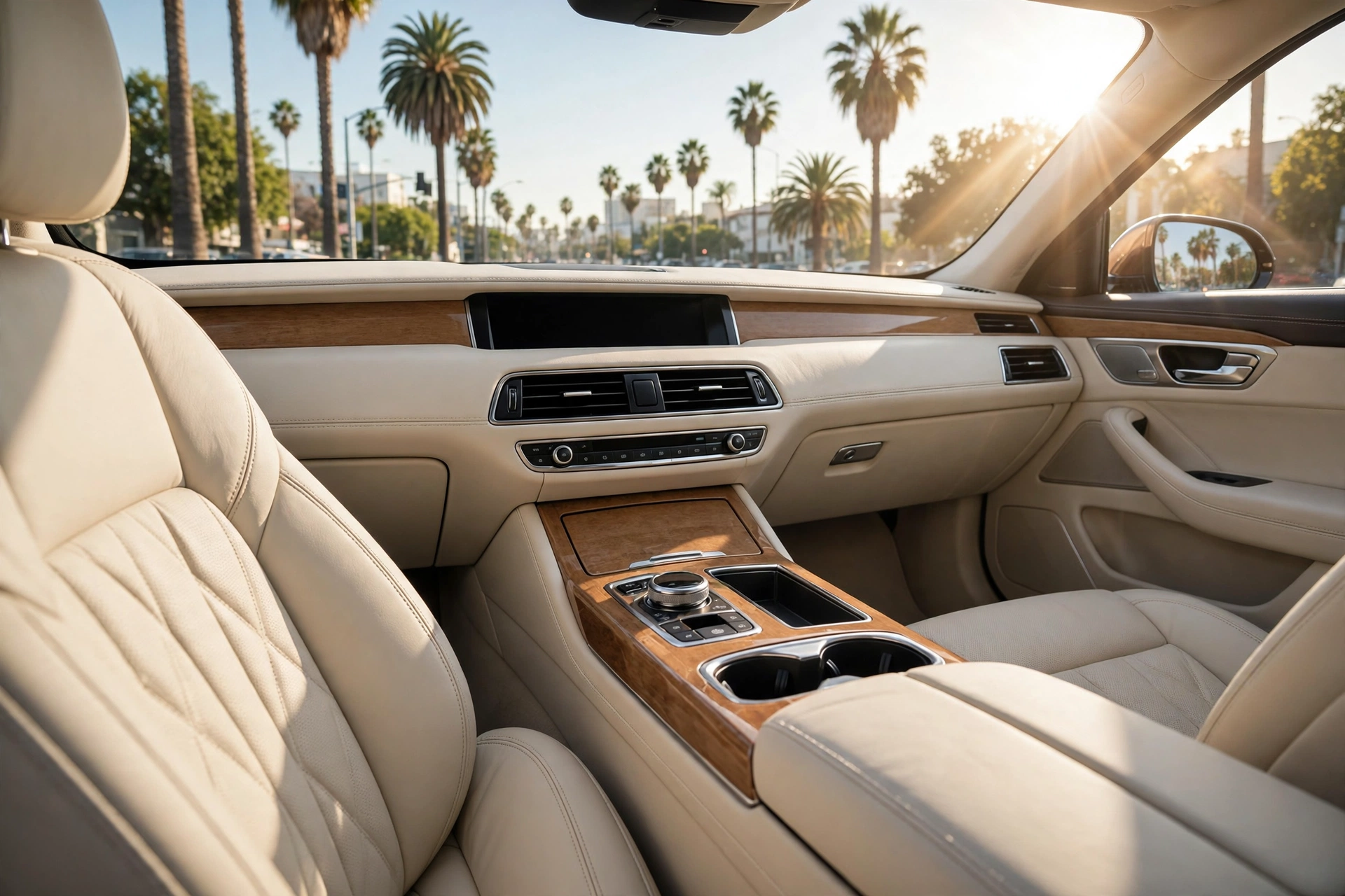 Spotless cream leather interior after an interior detail in Los Angeles